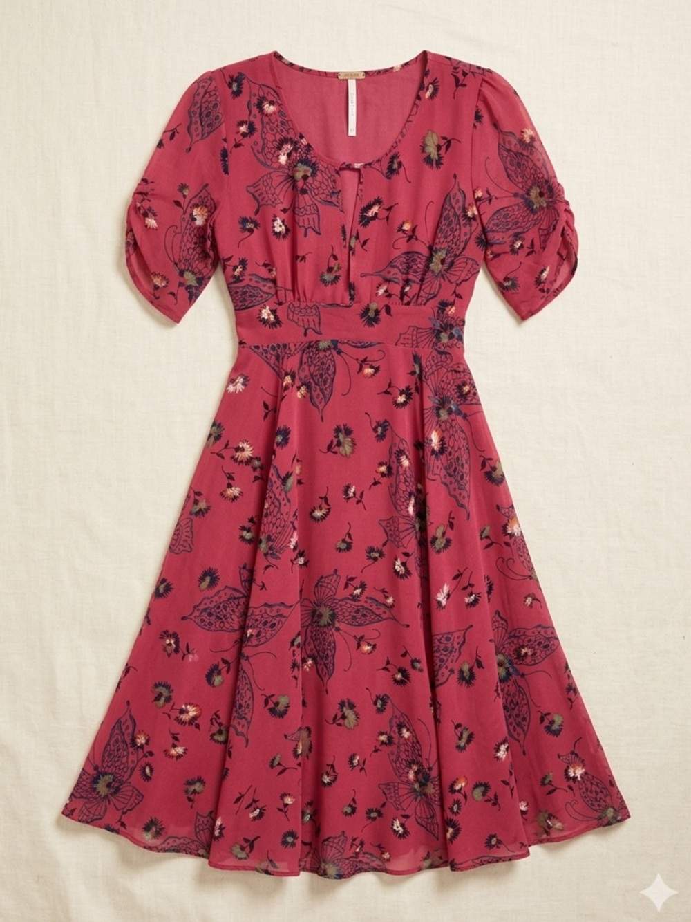 Free People Bonnie Butterfly Floral Midi Dress Rose Pink Boho Chic Summer Size 6